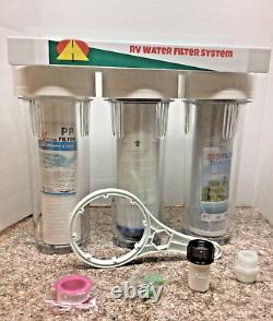 RV Water Filter System 3 Stage Crystal Clear Housings 3/4 Garden Hose Fittings