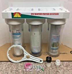 RV Water Filter System 3 Stage Crystal Clear Housings 3/4 Garden Hose Fittings