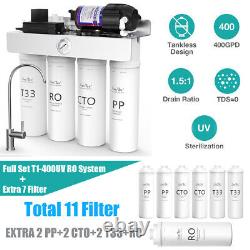 T1-400GPD UV Tankless Reverse Osmosis RO Water Filtration System Extra 7 Filters